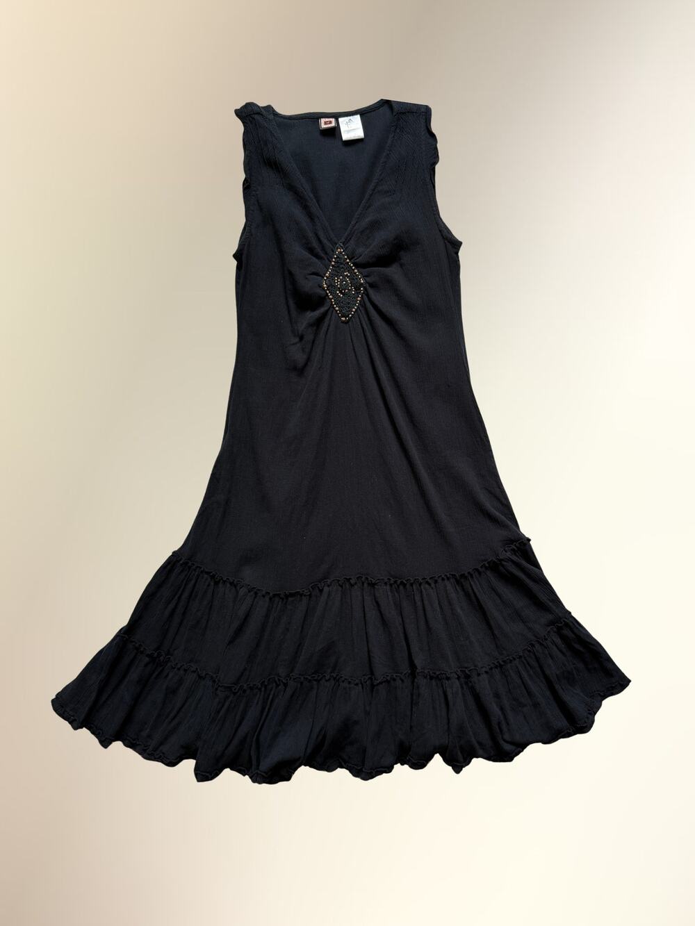 Y2K Forbidden Black Cotton Gauze Beaded V-Neck Tiered Boho Maxi Dress Women's M